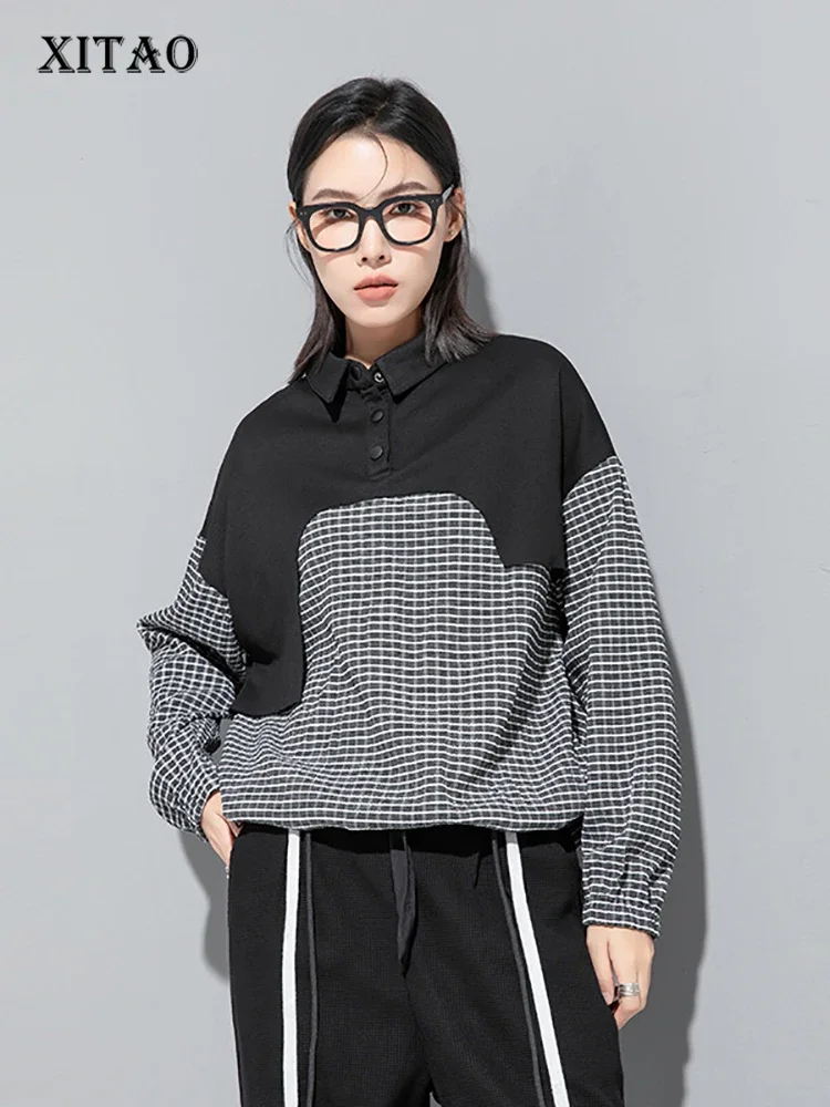 

XITAO Plaid Contrast Color Draw String Sweatshirts Patchwork Turn-down Collar Single Breasted Pullovers Fashion Winter HQQ2053