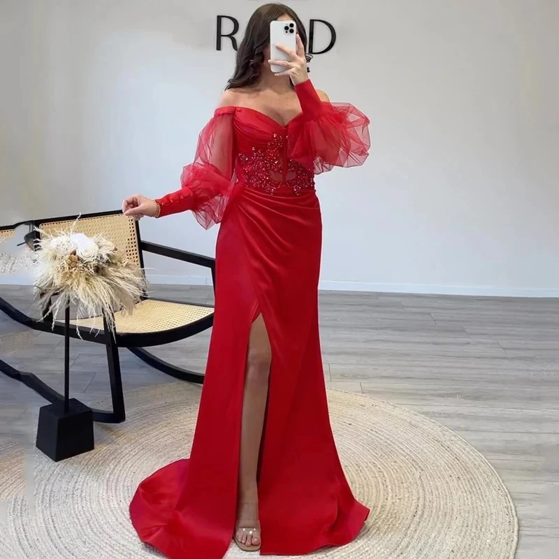 

Sexy Red V-Neck Mermaid Prom Dresses Off The Shoulder Puff Sleeve Evening Dress Saudi Arabia Cocktail Party Gowns فساتين الحفلات