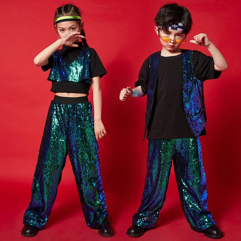 Girl Sequin Crop Tank Top Hip Hop Boys Green Vest Jacket Kids Jazz Shiny Pants Clothes Set Child Street Dance Stage Costume
