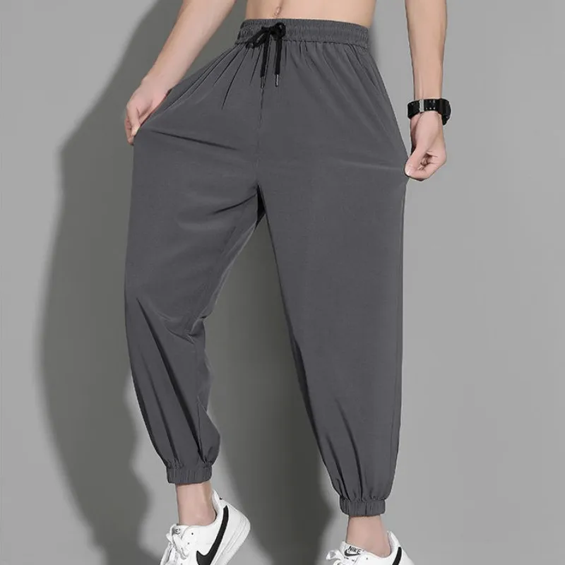 

Summer Casual Soft Solid Men's Cool Boys Waist Loose All Match Overalls Pocket Drawstring Sport Pants Breathable Ice Silk Light