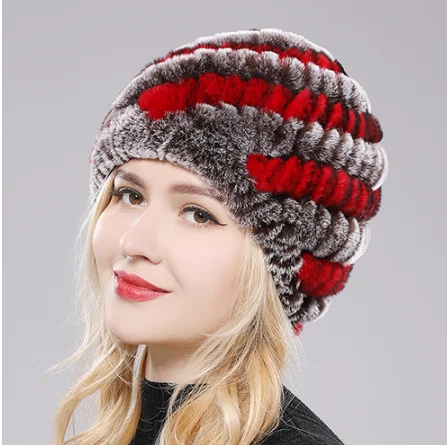 

Women Winter Warm Real Rex Rabbit Fur Hat Snow Cap Winter Hats for Women Girls Real Fur Knit Beanies Natural Fluffy Hat Red