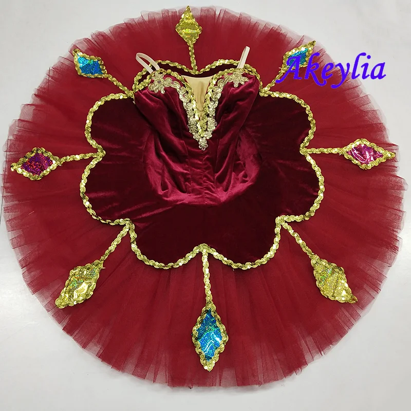 pre-professional Tutu ballet win red Adult Classical Ballet Tutu pancake Costume Women Stage dress dark green colorful sequins
