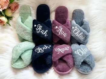 Custom Fluffy Slippers Set for Bridal Party | Personalized Soft Bridesmaid Slippers | Bachelorette Party Gifts | Fluffy Slippers
