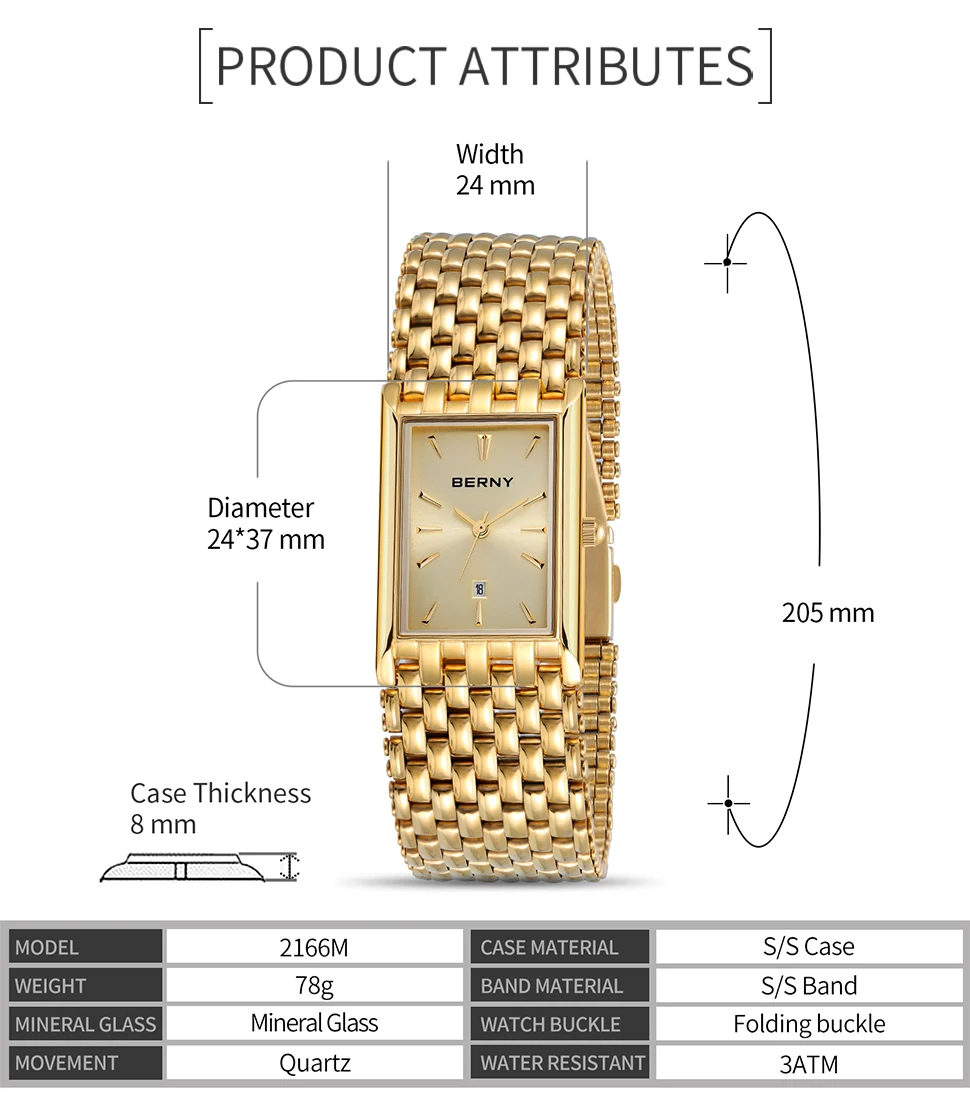 BERNY Men Quartz Watch Japan MIYOTA Stainless Steel Golden Luxury Men's Wristwatch Waterproof 3ATM Gold Chain Watch For Men