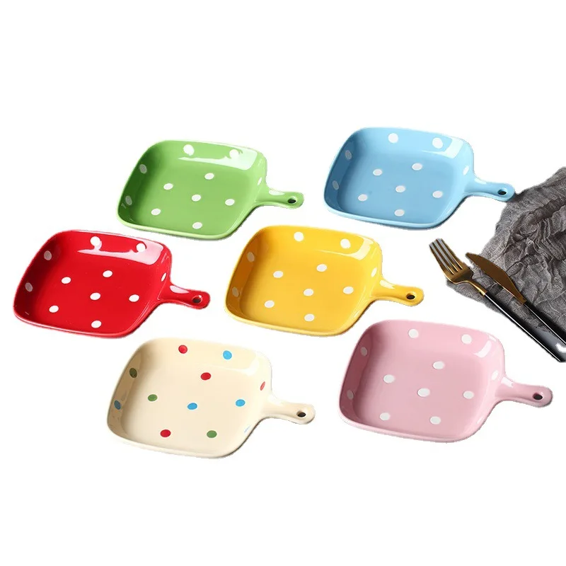 Polka Dot Ceramic Single Handle Plate Creative Baked Cheese Rice Pasta Plates Household Daily High Quality Fruit Breakfast Plate
