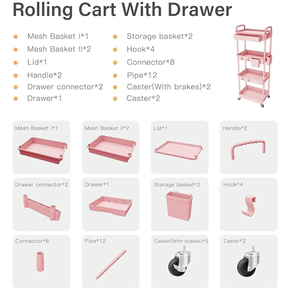 4 Tier Rolling Utility Cart with Drawer, Cart Made of Multifunctional Storage Organizer Tool for Kitchen,Bathroom,Living Room