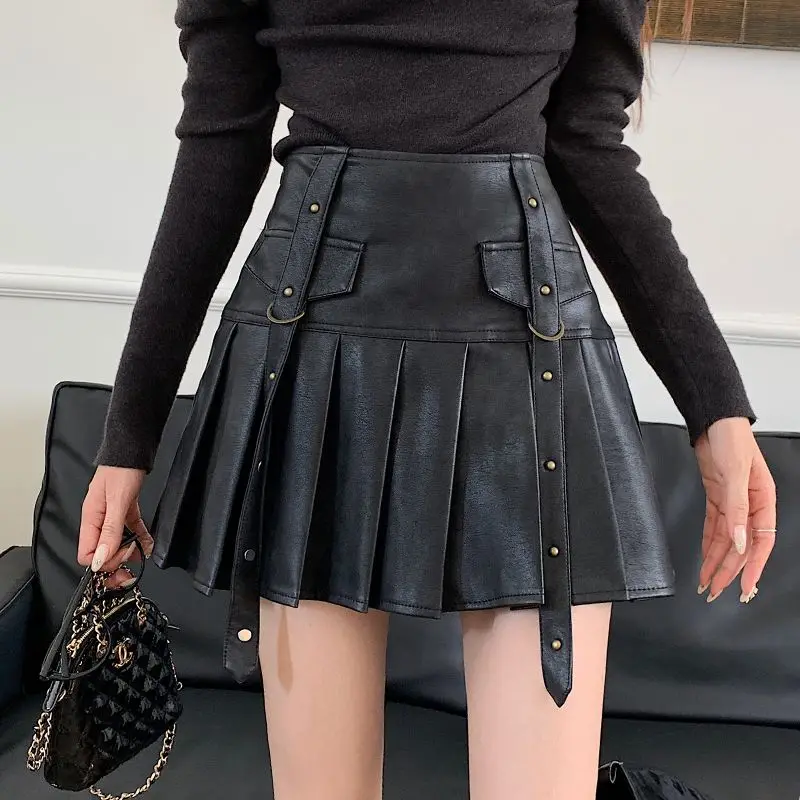 Leather Skirts A-Line Skirts Women Black Pleated Y2k Harajuku Korean Vintage Aesthetic Mini Skirt High Waist A Line Skirt