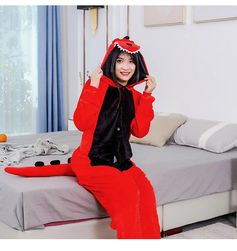 Kigurumi Tier Pyjamas Unisex Erwachsene Rot Dinosaurier Cartoon Onesies Pyjamas Halloween Weihnachten Familie Party Homewear Kostüme – Detail 9
