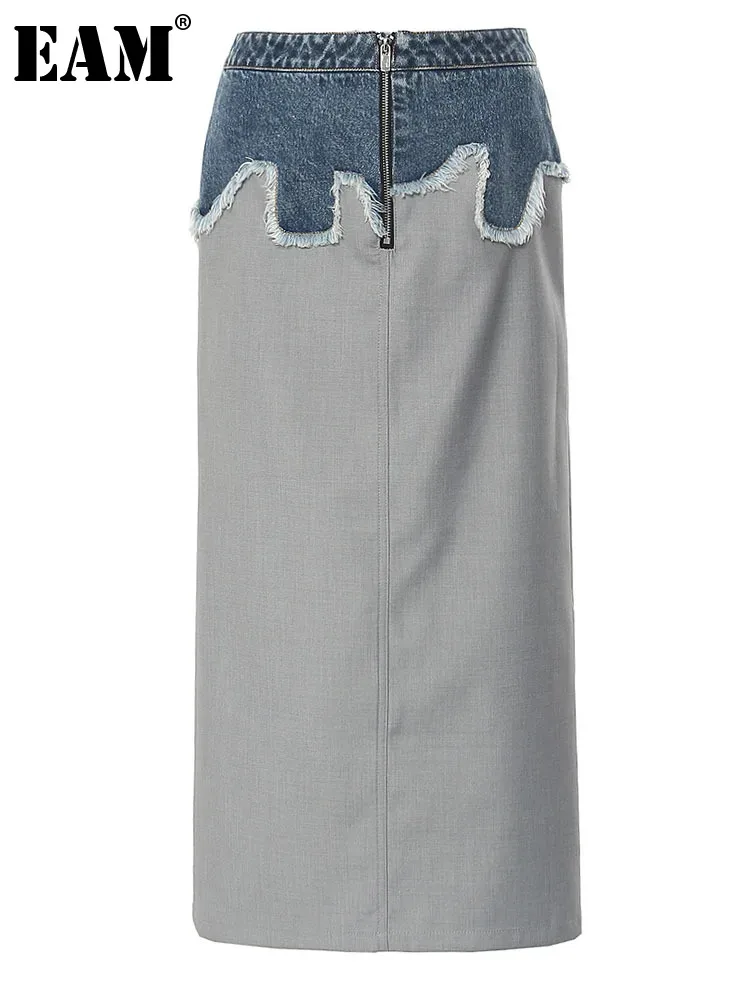 

[EAM] High Waist Gray Denim Burr Color-block Zipper Casual Half-body Skirt Women Fashion Tide New Spring Autumn 2024 7AB1813