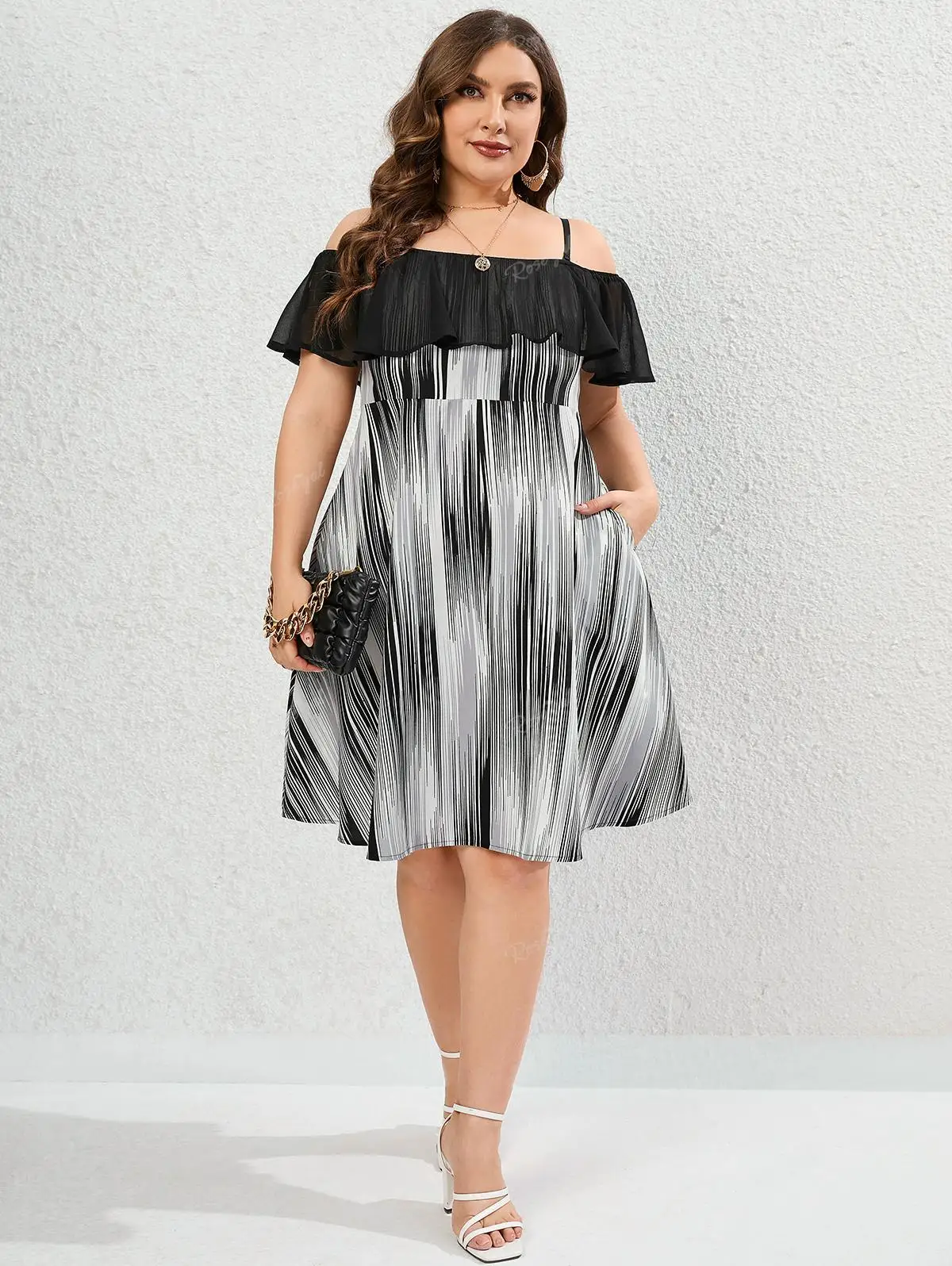 ROSEGALPlusSizeFlouncePinstripesPrintedColdShoulderDressNew