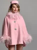 Elegant Feather Collar Cape Coats For Women Casual Solid Single Breasted Jackets Lady Autumn Chic Loose High Street Outwear Tops 5
