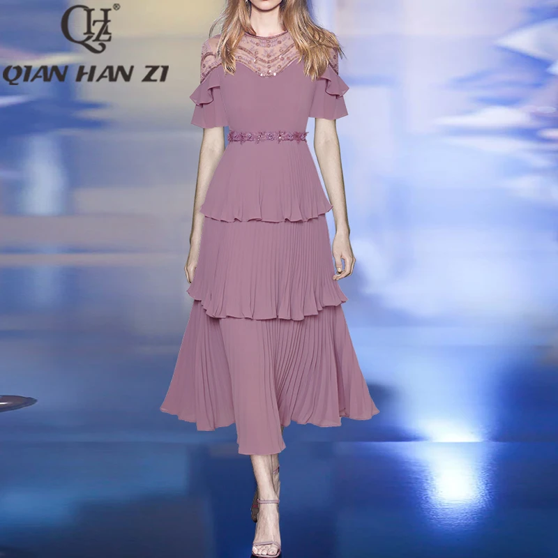 

QHZ Designer Fashion Elegant Party Dress Women short sleeves mesh Embroidery Splicing Cascading Ruffle Pleats Vintage dress long