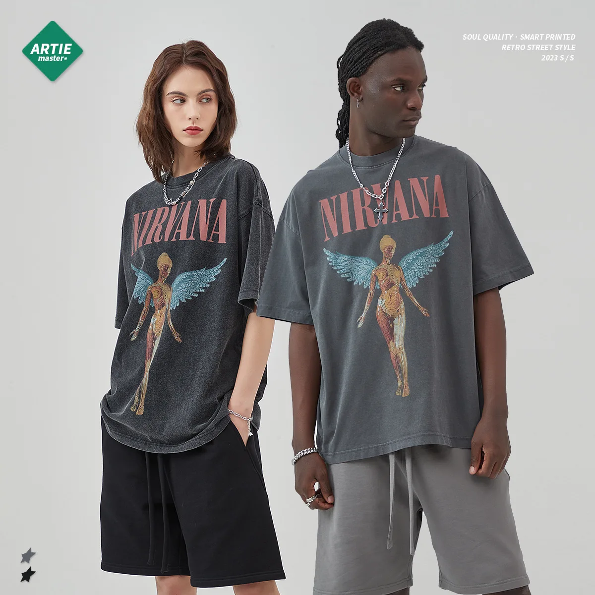 

ARTIE Men and Women 2023 New Washed do Old Rock Band Printing Retro Short-Sleeved European and American High Street Tide Brand