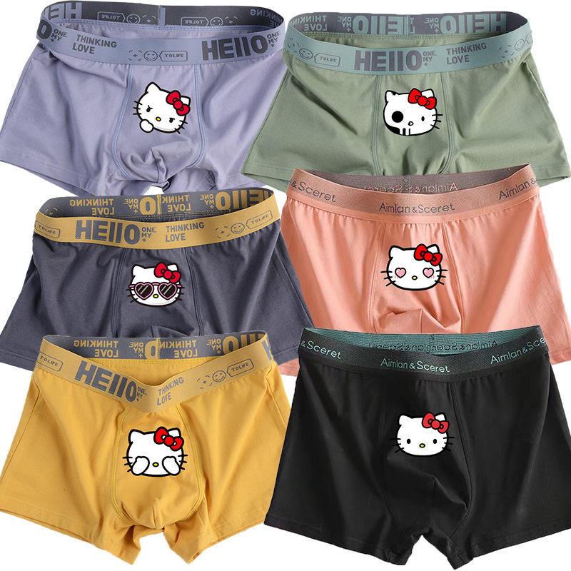 Sanrio Cute Cartoon Hello Kitty Trend Teenager Cotton Men's Underwears Graphene Antibacterial Crotch Plus Size Boxers Gift