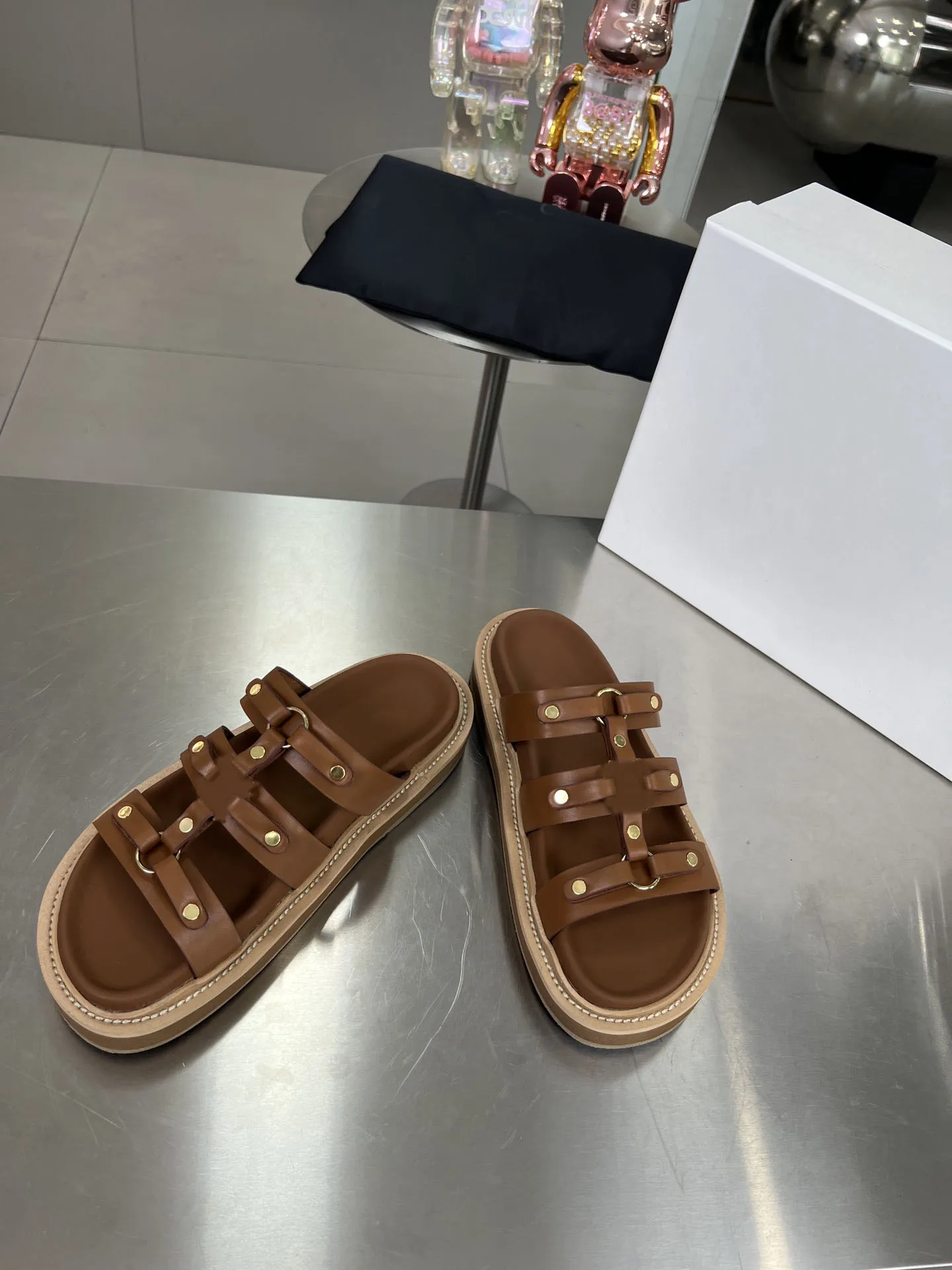 Leather Colorblock Pattern Sandals Tippi Slides Calfskin