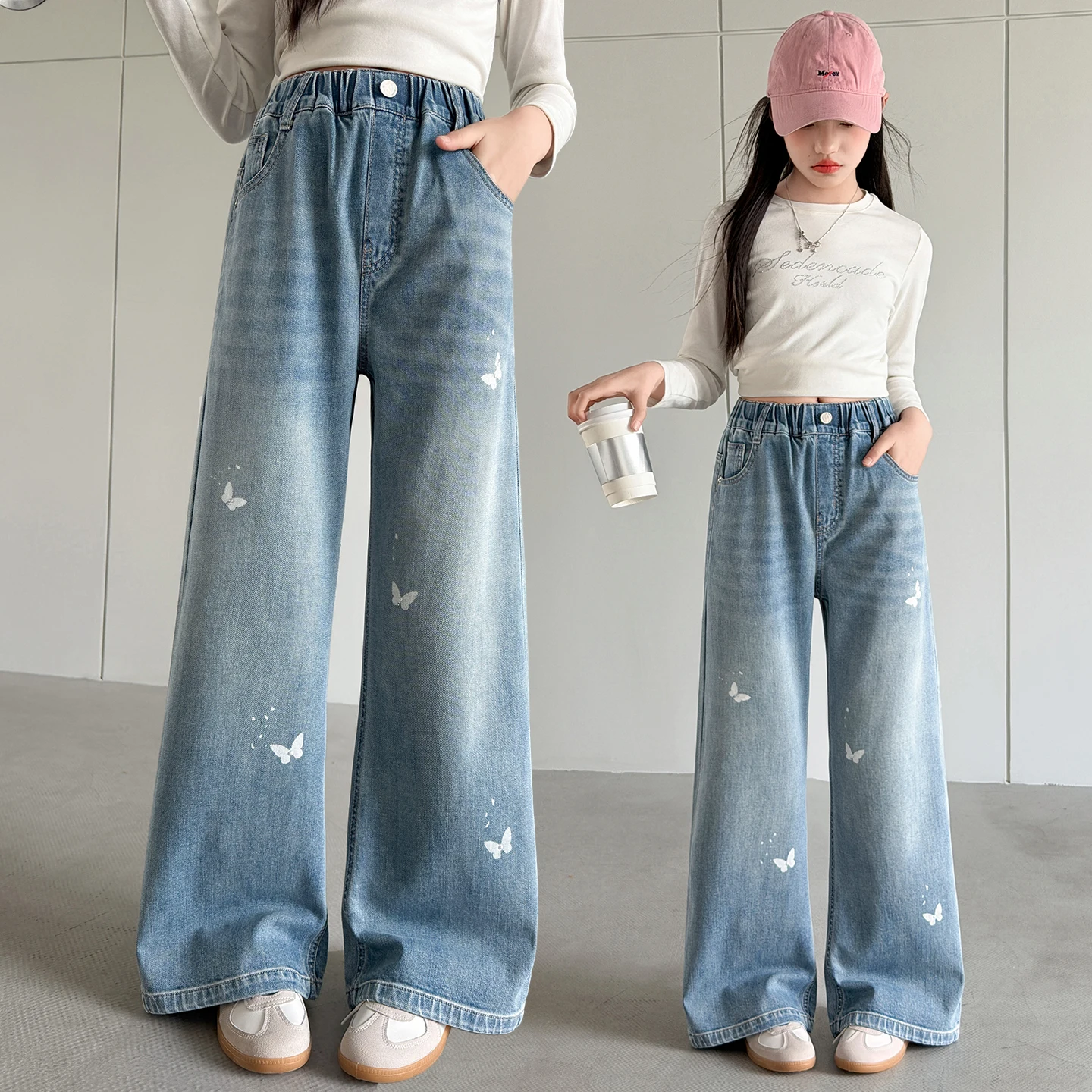 여아 청바지 꽃무늬 나비 와이드 레그 팬츠 2026 봄 가을 신상 패션 스트레이트 팬츠 아동용