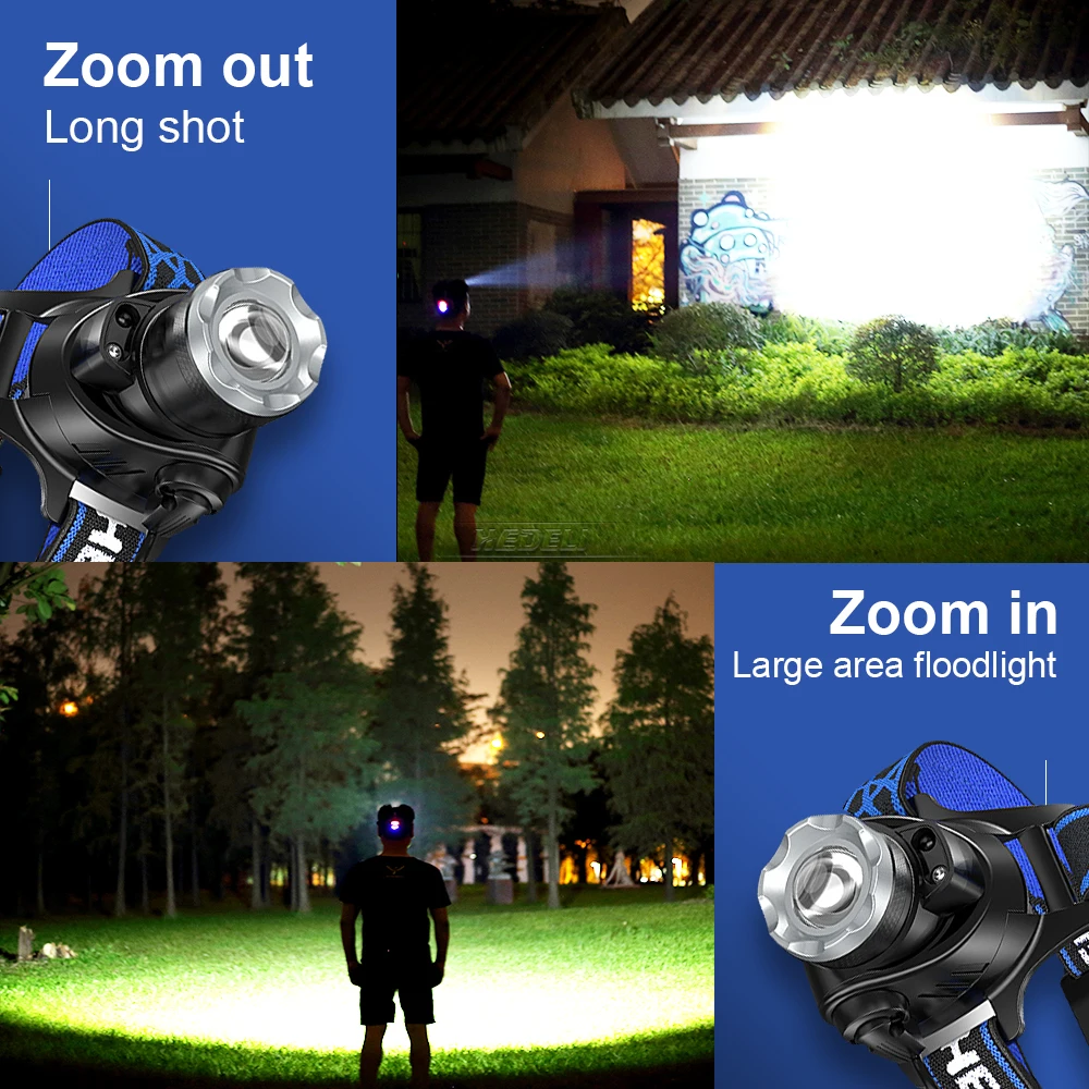 강력한 유도 LED 헤드 라이트 L2/T6 LED 줌 가능 헤드 램프, 낚시 USB 충전식 헤드 램프, 18650 배터리 방수 사냥