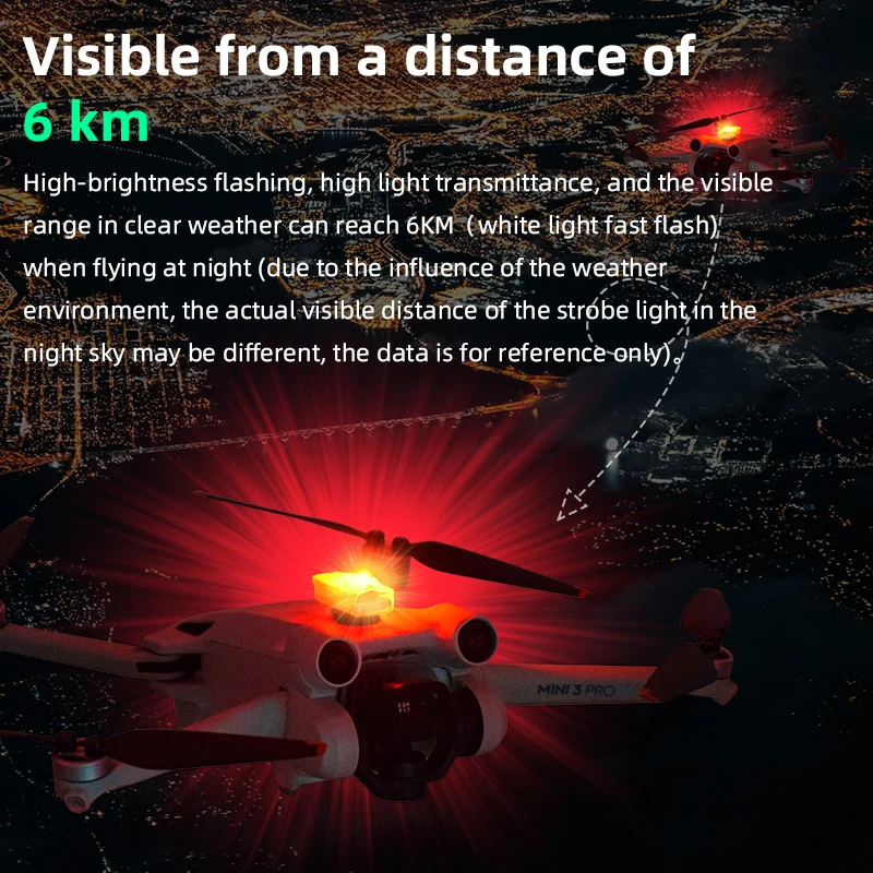 Feu stroboscope pour drone montrant un motif lumineux multicolore, drone en vol avec traînées lumineuses, fond sombre.