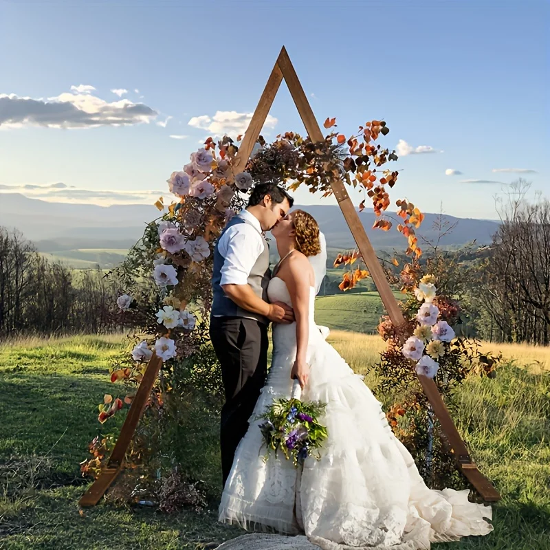 A Set of Wooden Wedding Archs, 8.2ft High Triangular Wedding Archs (With Support Rods), with Natural Wooden Garden Party Country Arch Decoration