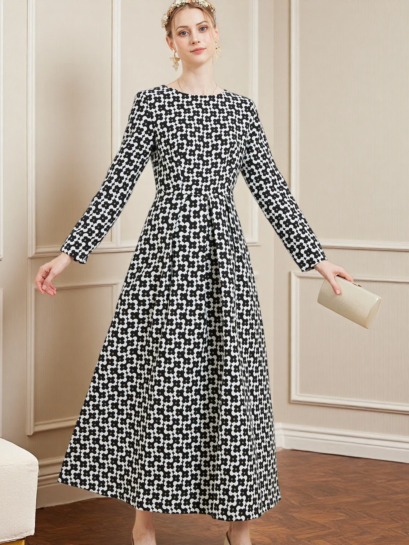 DEVCHATA Luxus Frauen Vintage Gold Faden Jacquard Langarm Kleid Mode Frühling Herbst Floral Damen Party kleider Kleidung – Detail 3
