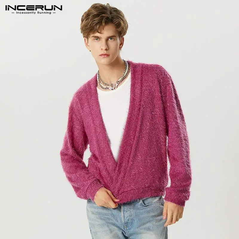

Men Sweater Solid Color Plush Deep V Neck Long Sleeve Streetwear Pullovers Autumn 2023 Fashion Casual Men Clothing S-5XL INCERUN