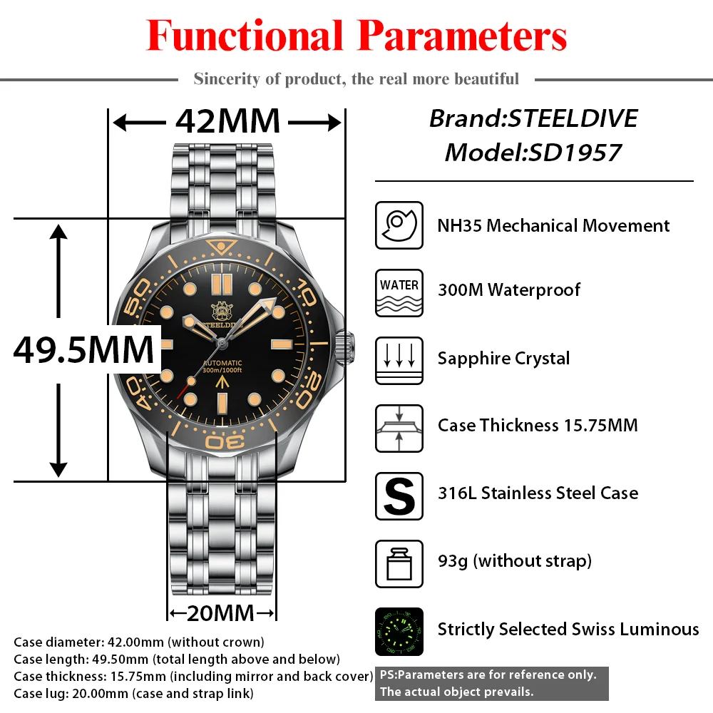 STEELDIVE SD1957 Men's Mechanical Watch 300M Waterproof Swiss Luminous Ceramic Bezel NH35 Luxury Retro Sea Horse Dive Wristwatch