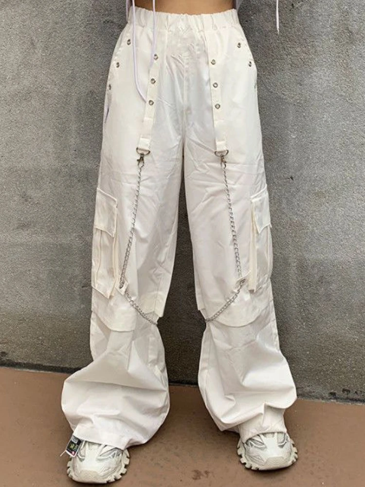 ADAgirl White Cargo Pants Women Streetwear Fashion Baggy Chain High Waist Wide Leg Casual Sweatpants Y2k Vintage Mujer Trousers