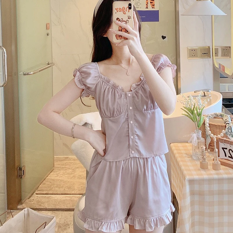 

Шелковая пижама для женщин, летняя Пижама с пышными рукавами, верхняя одежда, домашняя ткань, зауженная Талия, однотонный кружевной стиль, комплект из двух предметов