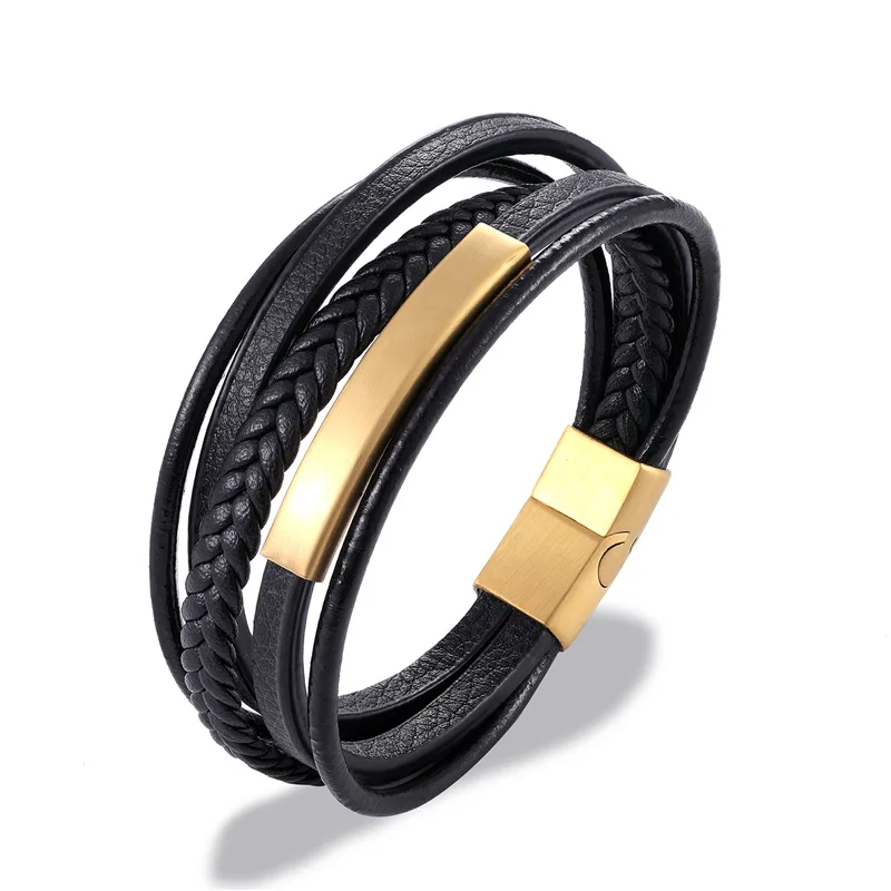 Personalized Mens Leather Bracelets Free Laser Engraving  with Magnetic Clasp Cowhide Multi-Layer Braided Leather Mens Bracelet luxury skinny strap for women g designer cowhide female belt with gold buckle quality women s belt fashion dress waistband