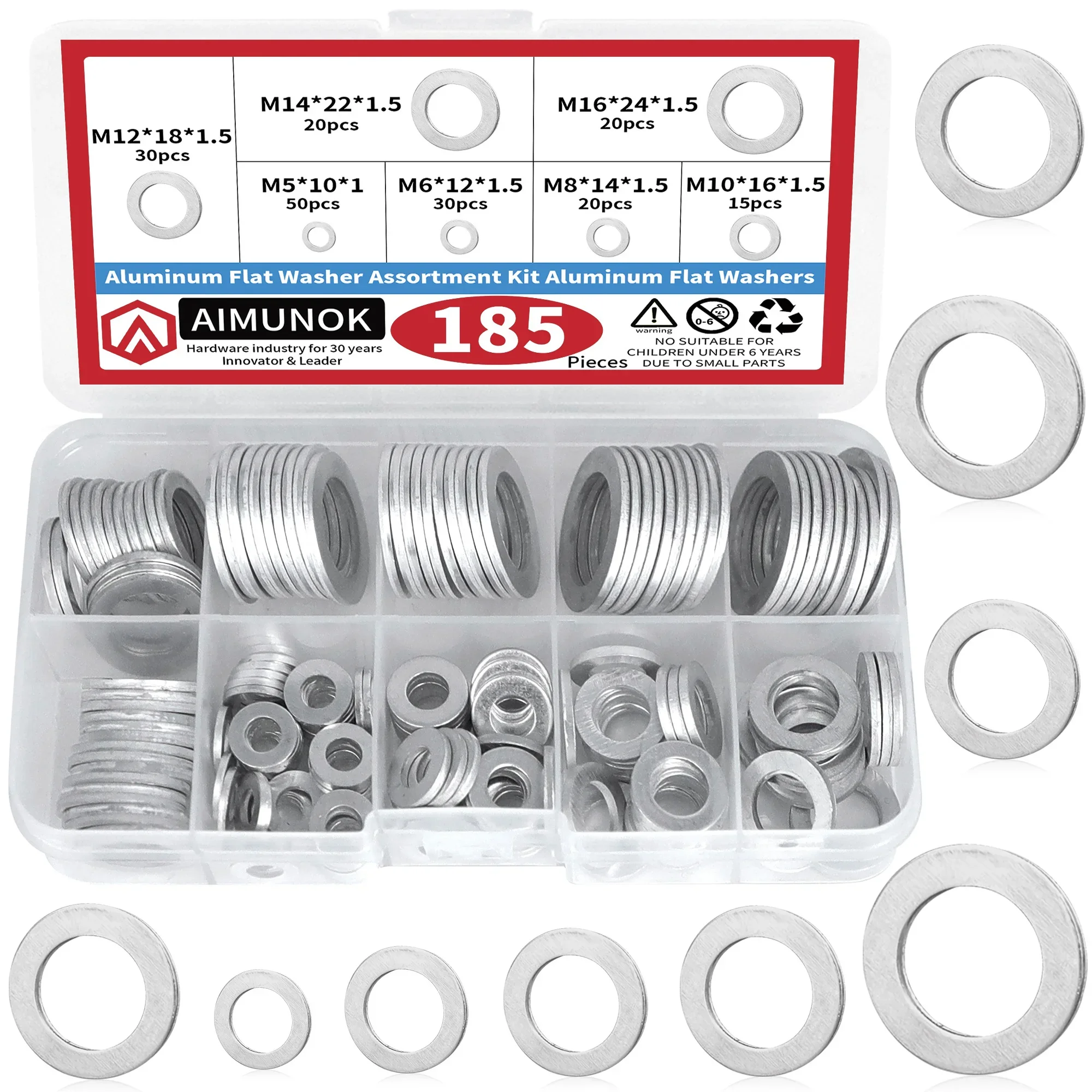 185pcs Aluminum Flat Washer Assortment Kit – M5-M16, Flat Ring Gasket, Durable H