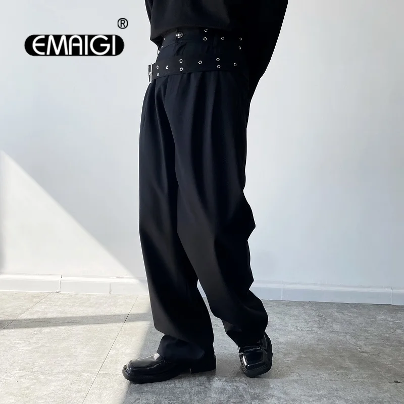 

Men Dark Black Fashion Belt Loose Casual Wide Leg Straight Pants Harajuku Streetwear Chic Black White Suit Pant Trousers