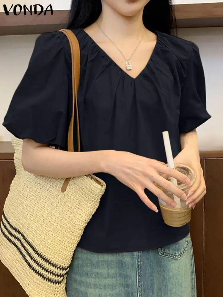 

2023 Summer Top VONDA Women Blouse Fashion Sexy V Neck Casual Pleated Short Puff Sleeve Solid Color Blusas Femininas Loose Shirt