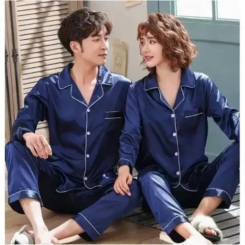 Ice Silk Satin Couples Pajamas Thin New Women Men Two-piece Plus Size Homewear Set Pijama Set Women Pijma Hombre pajamas set silk pajamas man pajamas set satin pajama set