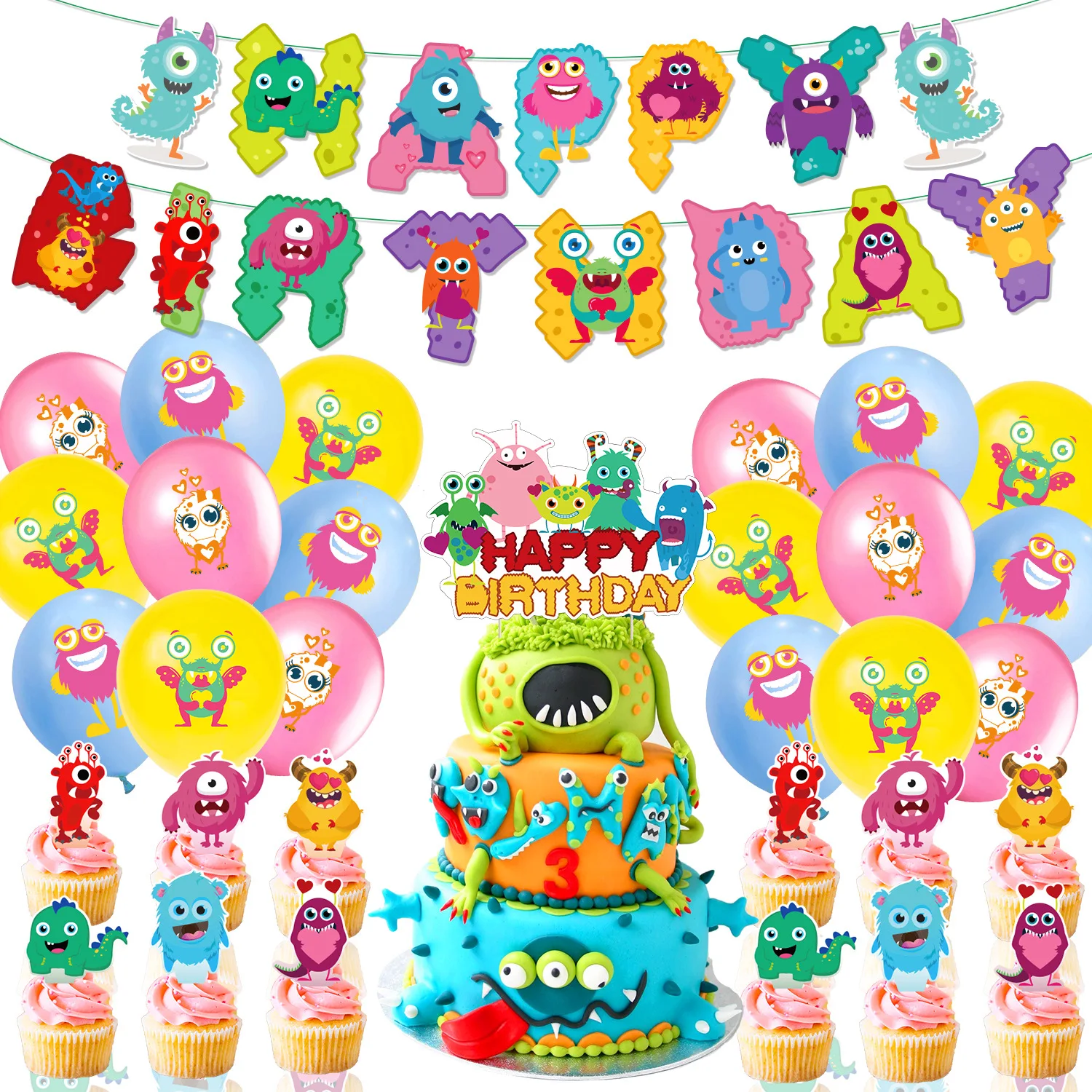 

Monster Theme Birthday Party Supplie Includes Banner Cake Topper Cupcake Topper Balloon for Boy Birthday Party Decoration