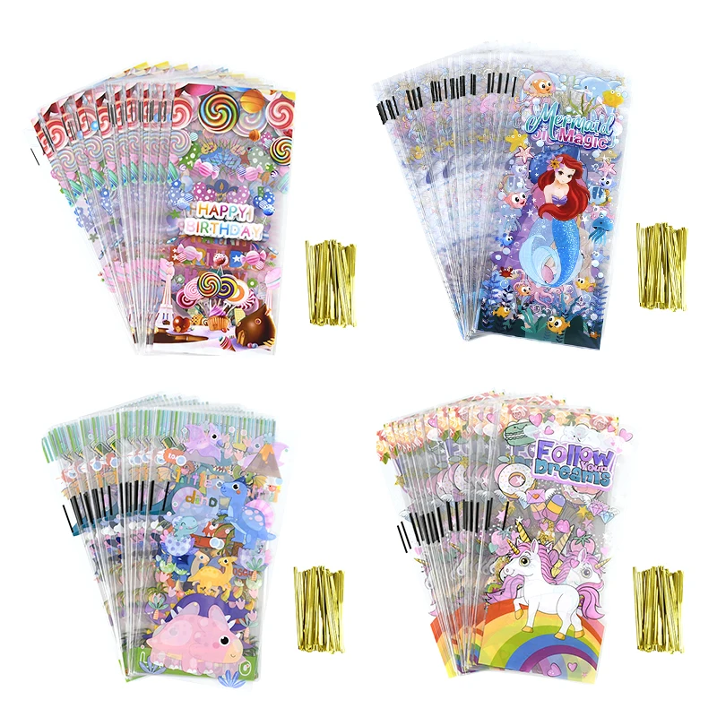 

50Pcs Mermaid Unicorn Gift Bags Candy Biscuit Packing Bags Mermaid Tail Dinosaur Baking Bag For Kids Birthday Party Baby Shower