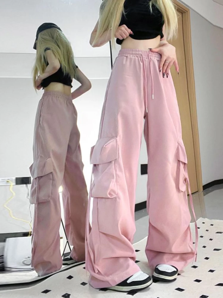 HOUZHOU Harajuku Y2k Wide Cargo Pants Women Baggy Hip Hop Style Black  Parachute Pants Pink Oversized Joggers Korean Streetwear