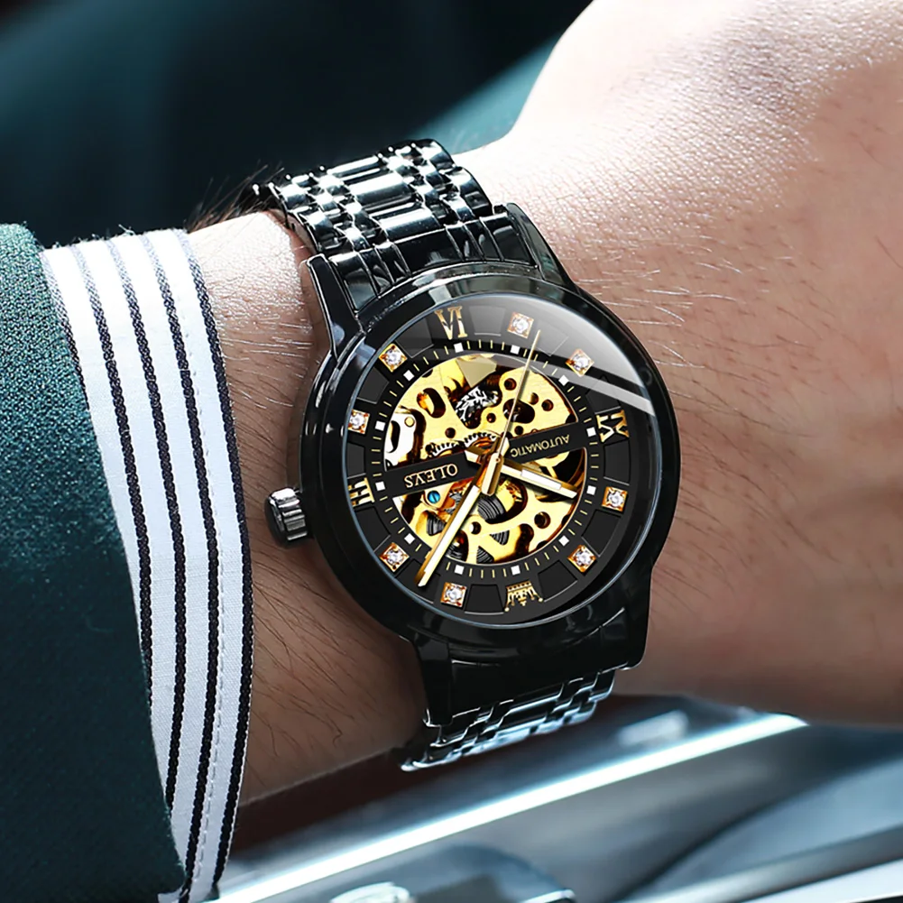 OLEVS Original Luxury Skeleton Automatic Watch for Men Mechanical Diamond Stainess Steel Waterproof Luminous Wristwatch Gift Man