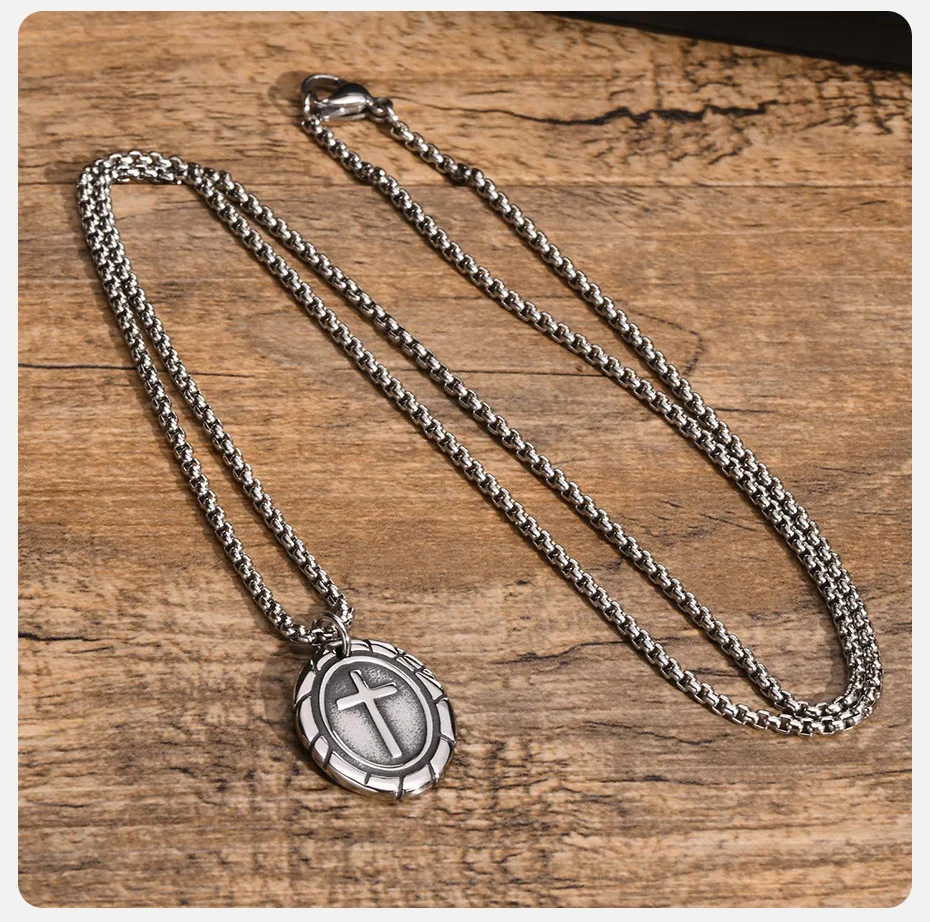Vnox Vintage Silber Farbe Edelstahl Kreuz Halsketten für Männer Frauen, Einfache Punk Religiöse Glauben Kragen Geschenk Schmuck – Detail 6