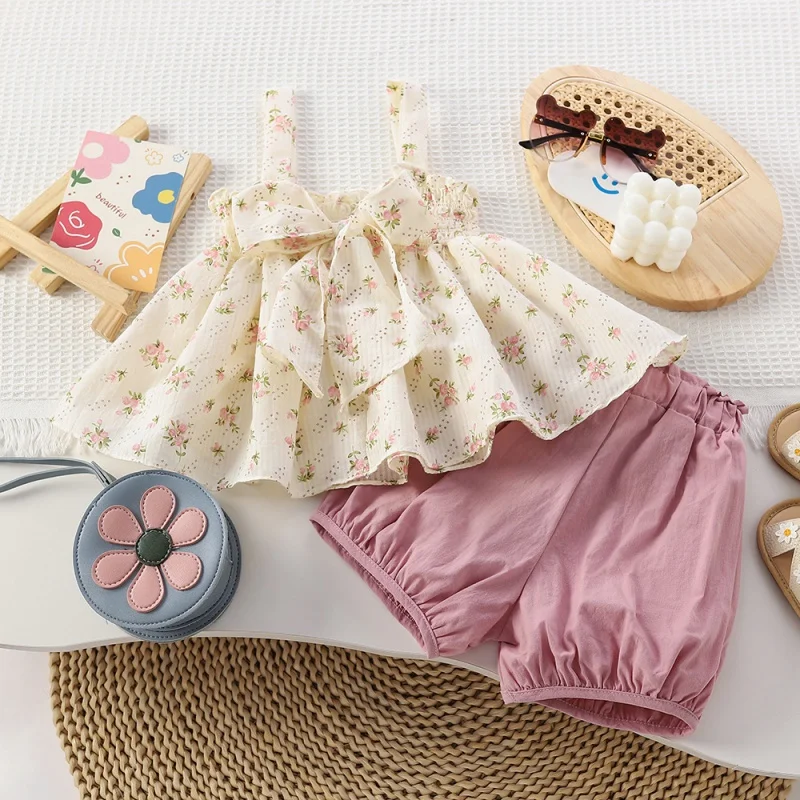 

Summer Girls New Product Set Fashionable Sweet Suspenders Floral Short Skirt Ankle-Tied Shorts Two-Piece Suit-KXKM