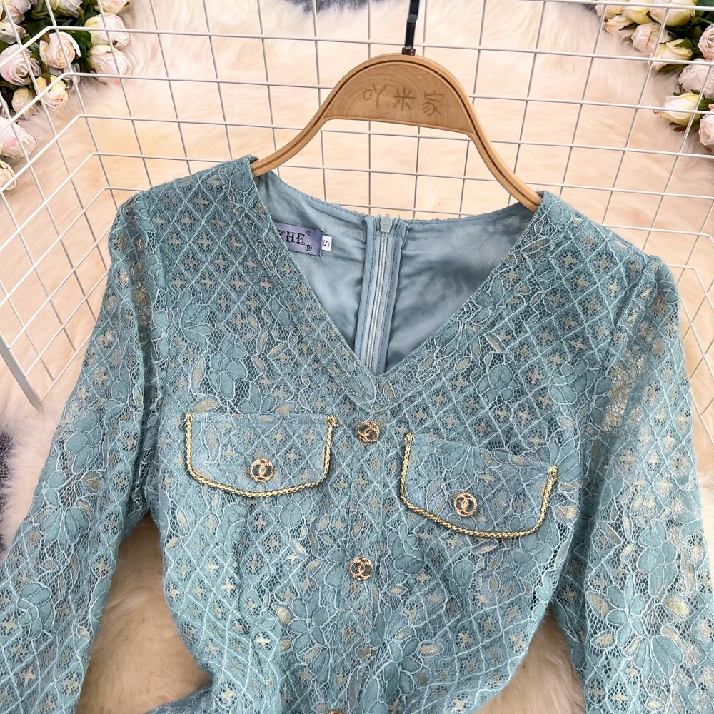 

Spring Light Luxury Celebrity Temperament Long-sleeved V-neck Button Waist-skimming a Lace Dress