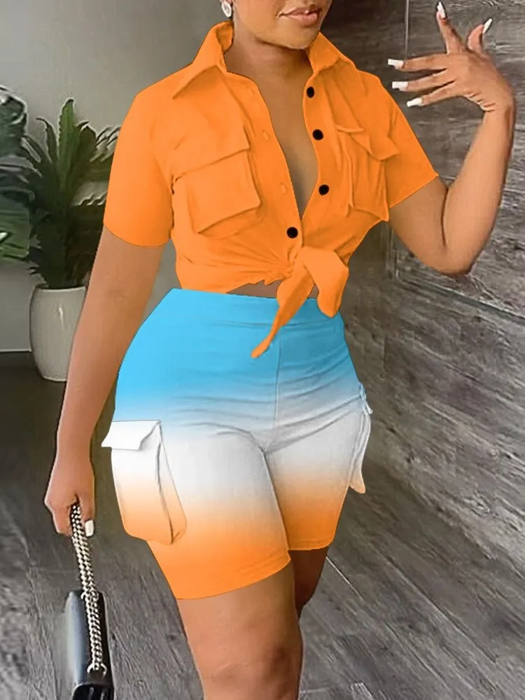 

Fashion Casual Two Piece Sets Womens Outfits 2023 Summer New Print Button Up Shirt Top +Pocket Shorts Suit Female Clothing