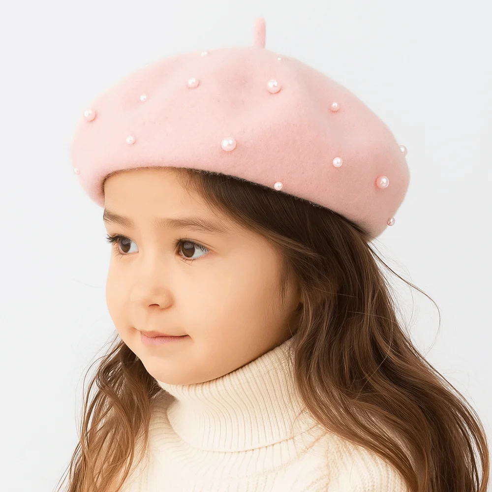 Fashion Pearl Children's Beret Solid Color Woolen Baby Wool Hat Thicken Warm Painter Hat Baby