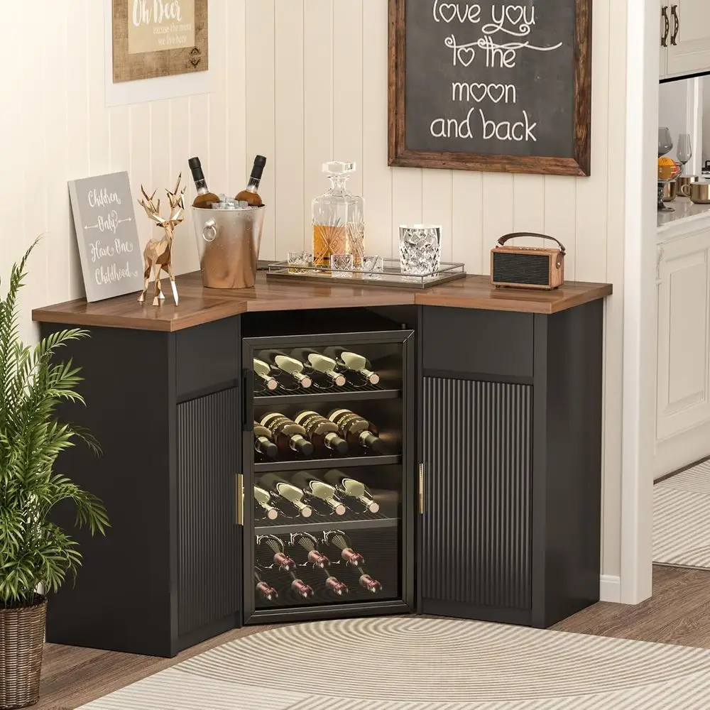 Ridged Bar Cabinet with Storage, Coffee Bar Station, L-Shaped Wine Rack for Home