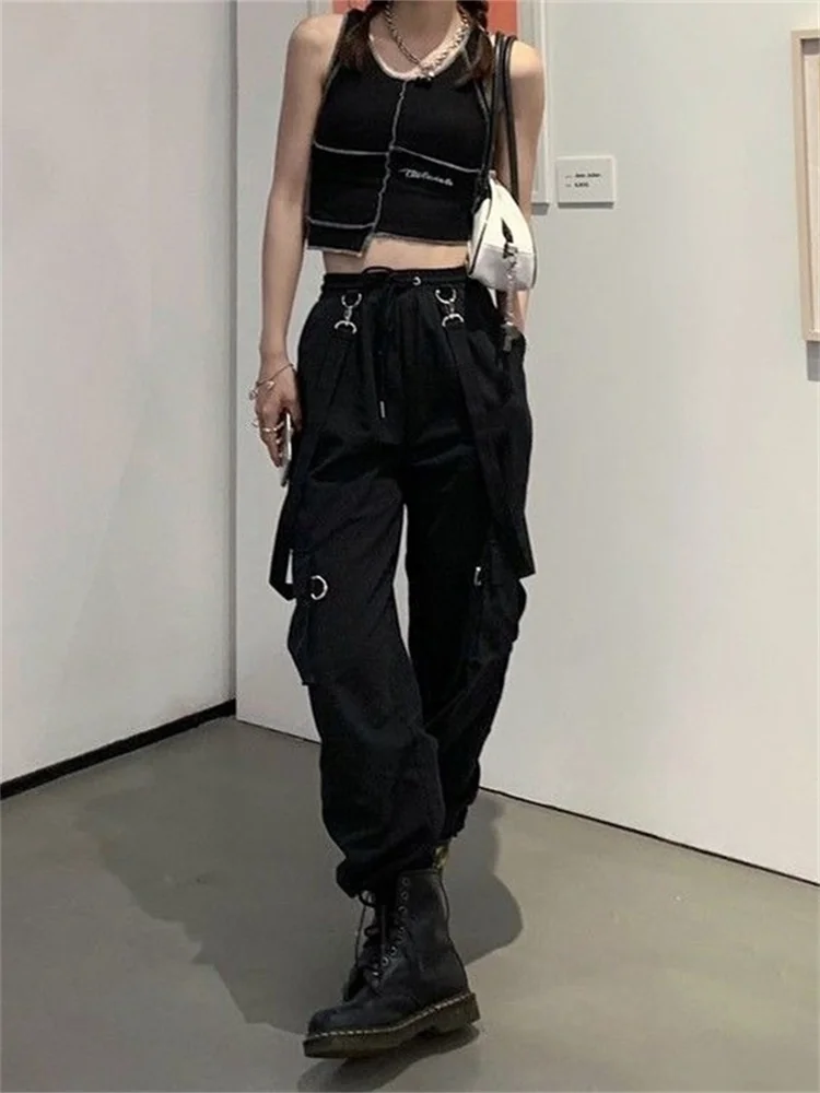 

Deeptown Gothic Cargo Pants Women Harajuku Black High Waisted Hippie Streetwear Kpop Oversize Mall Goth Wide Trousers For Female