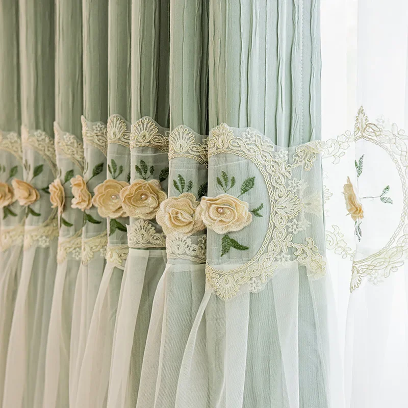 French Lace Double-layer Milk Tea Embroidered Yarn Splicing Curtains for Living Room Bedroom French Window Customized Products