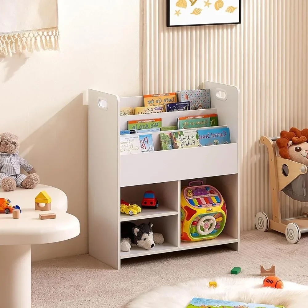 

Children's bookcase, 2-in-1 children's sling bookcase with bookshelves and 3 cubes of different sizes,wooden toy storage cabinet