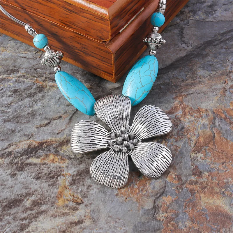 Aihua Böhmische Türkis-Halskette für Damen, großer Statement-Schmuck, Retro-Königlicher Party-Schmuck, Halskette und Anhänger, Zubehör – Detail 3