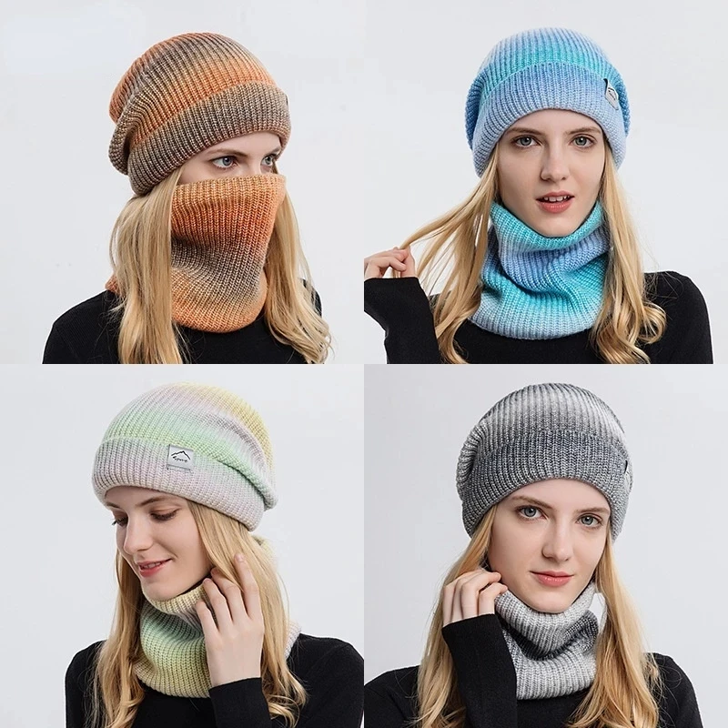 

Women Winter Beanies Snood Sets Fashion Gradient Color Knitted Hat Warmer Outdoor Windproof Thicken Tie Dye Scarf Hat For Women