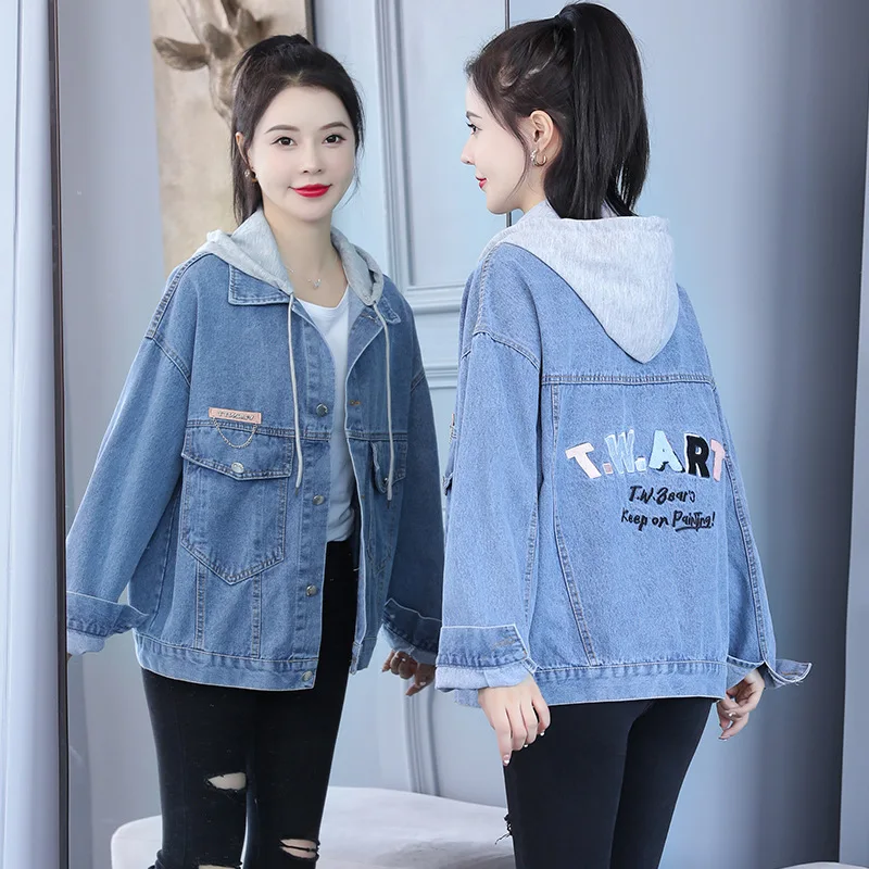 2022 Spring Autumn Denim Jacket Women New Fashion K-pop Loose Jacket Hooded Embroidered Jeans Coat