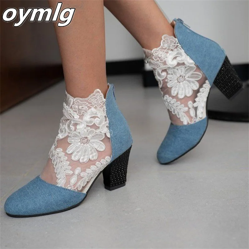 

Lace Mesh High Heel Sandals for Women's Large Fashion Round Toe Thick Heel Sandals women shoes cowboy boots